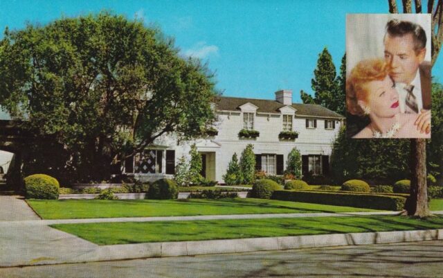 Postcard featuring a photograph of Lucille Ball and Desi Arnaz's mansion, with a portrait of the pair in the top right corner