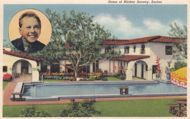 Postcard featuring an illustration of Mickey Rooney's mansion, with a portrait of him in the top right corner