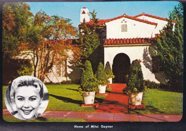 Postcard featuring a photograph of Mitzi Gaynor's house, with a portrait of her in the bottom left corner