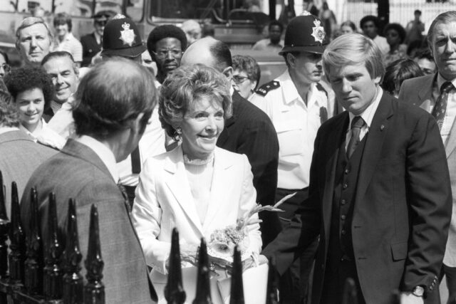 Crowd standing around First Lady Nancy Reagan