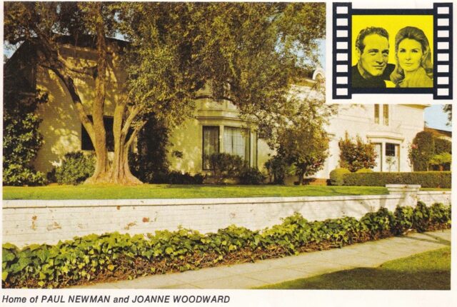 Postcard featuring a photograph of Paul Newman and Joanne Woodward's mansion, with a portrait of the pair in the top right corner