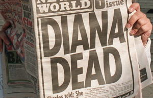 Newspaper with the headline "DIANA DEAD."