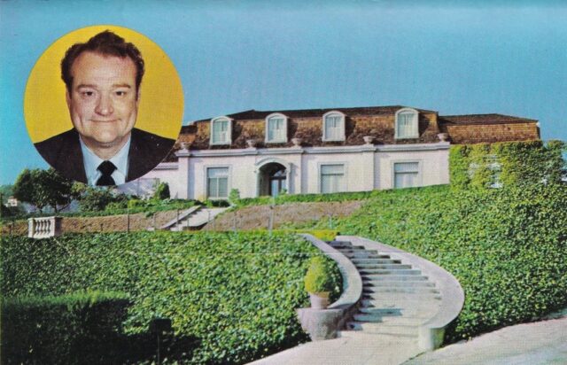 Postcard featuring an illustration of Red Skelton's mansion, with a portrait of him in the top left corner