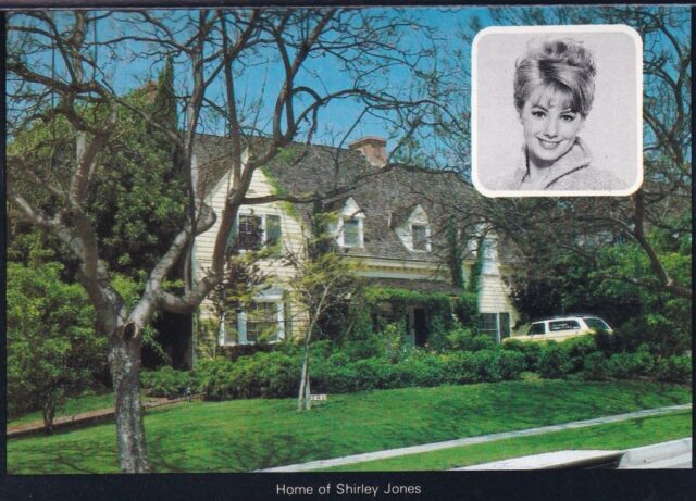 Postcard featuring a photograph of Shirley Jones' house, with a portrait of her in top right corner