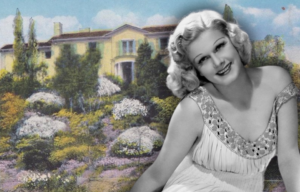 Postcard featuring an illustration of Jean Harlow's mansion + Portrait of Jean Harlow