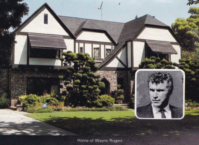 Postcard featuring a photograph of Wayne Rogers' home, with a portrait of him in the bottom right corner