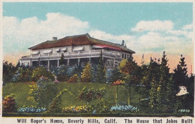 Postcard featuring an illustration of Will Roger's mansion