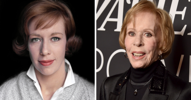 Portrait of Carol Burnett + Carol Burnett standing on a red carpet