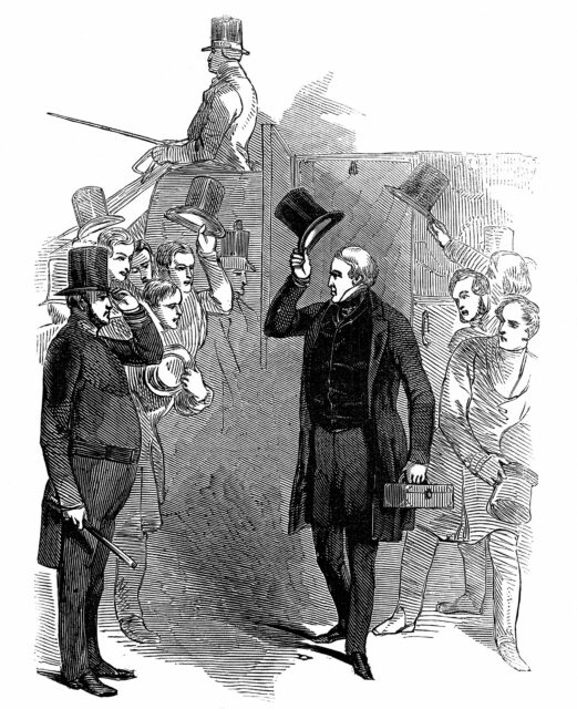 Illustration of Robert Peel and police officers saluting each other with their hats.