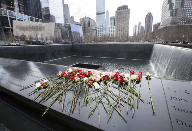 Flowers placed at the World Trade Center Memorial in New York City, New York