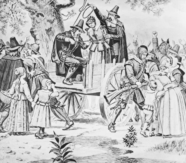 Illustration of a witch trial hanging.