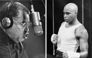 James Earl Jones speaking into a microphone, Jones practicing boxing.