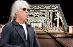 John Seigenthaler Bridge lit up at night + Jon Bon Jovi standing in a leather jacket and wearing sunglasses