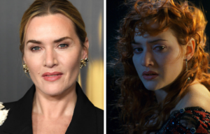 Kate Winslet standing on a red carpet + Kate Winslet as Rose DeWitt Bukater in 'Titanic'