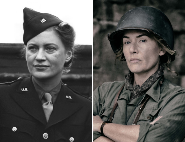 Headshot of Lee Miller beside a headshot of Kate Winslet. Both in WWII army gear.