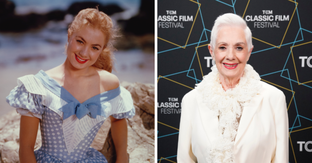 Portrait of Shirley Jones + Shirley Jones standing on a red carpet