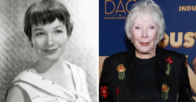 Portrait of Shirley MacLaine + Shirley MacLaine standing on a red carpet