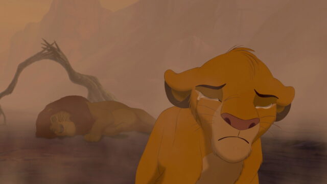 Simba walking away from Mufasa following his death.