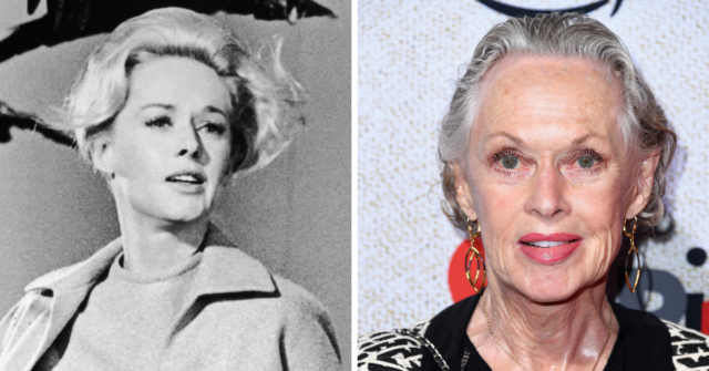 Tippi Hedren as Melanie Daniels in 'The Birds' + Tippi Hedren standing on a red carpet