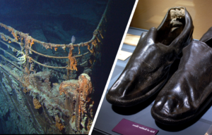 Wreck of the RMS Titanic on the seafloor + Pair of shoes on display