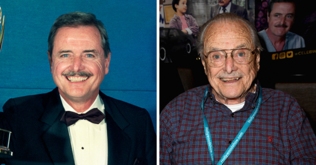 William Daniels standing in a suit + William Daniels sitting in front of photos from his acting career