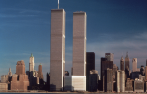 Photograph of the World Trade Center's twin towers.