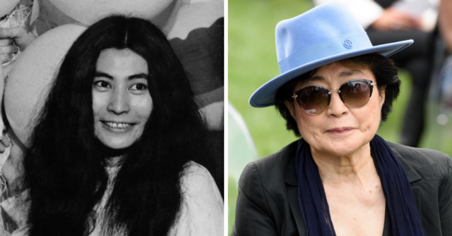 Portrait of Yoko Ono + Yoko Ono standing outside, wearing a blue hat