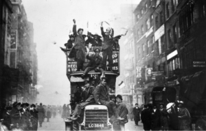 Men standing on a peace bus.