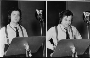 Two photos of Orson Welles speaking into a radio microphone.