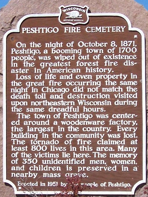 A gravestone for the victims of the Peshtigo Fire.