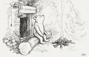 Illustration of Winnie-the-Pooh sitting on a log in front of Mr. Sanders's house.