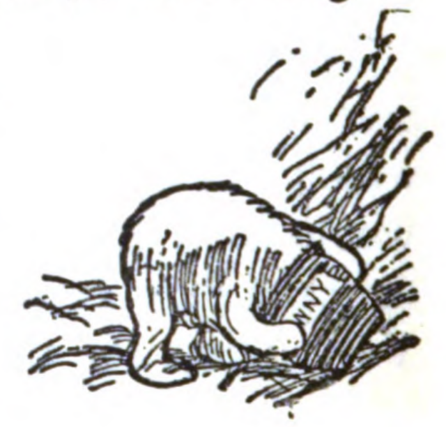 Illustration of Winnie the Pooh with his head in a jar of honey.