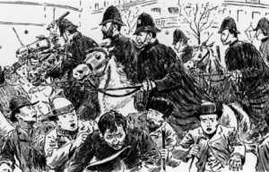 Illustration of police officers on horseback riding through a riot of people.