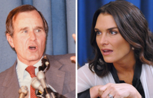 George H.W. Bush speaking at a podium + Brooke Shields looking to the side