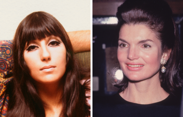 Cher sitting with someone's arm around her shoulder + Jackie Kennedy looking to the side with an odd expression on her face