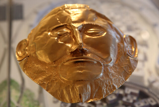 A replica of the Mask of Agamemnon on display.