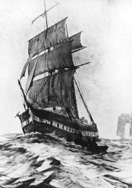 Illustration of a ship on water.