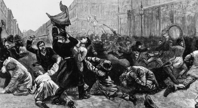 Illustration of the violent event of Bloody Sunday in London in 1887.