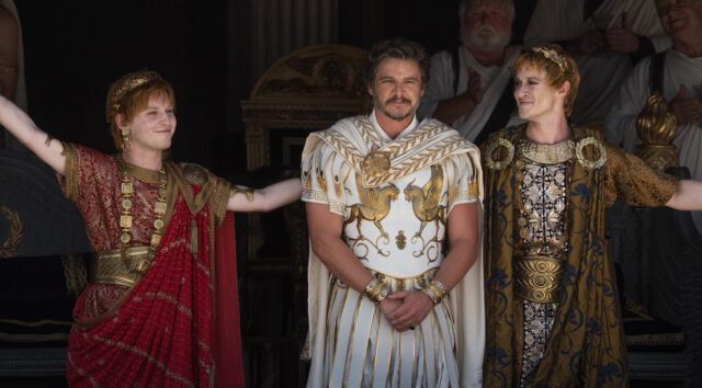 Fred Hechinger, Pedro Pascal and Joseph Quinn as Emperor Caracalla, General Acacius and Emperor Geta in 'Gladiator II'