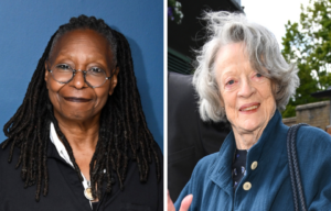 Whoopi Goldberg standing on a red carpet + Portrait of Maggie Smith