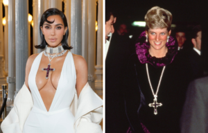 Kim Kardashian wearing a white dress with a plunging neckline and the Attallah cross pendant around her neck + Princess Diana standing in a crowd of people