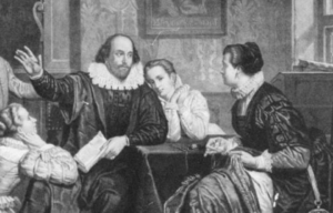 Illustration of William Shakespeare and his wife, Anne Hathaway, sitting at a table.