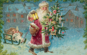 Illustration of Santa Claus walking in the snow.