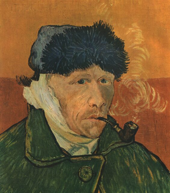 Portrait of Vincent van Gogh with his ear chopped off.