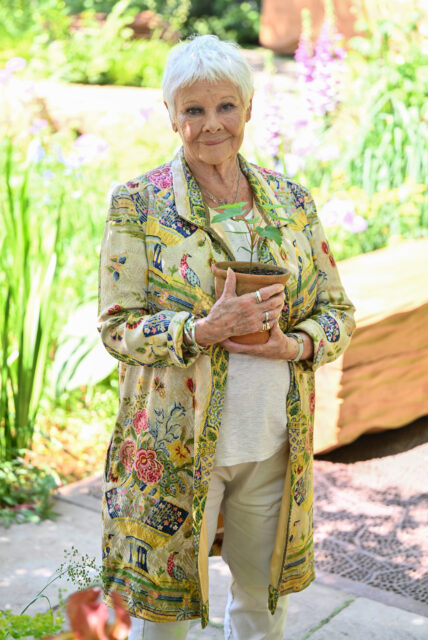 Judi Dench standing outside, holding a gardening pot