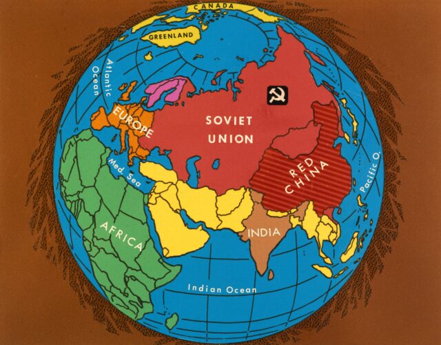 A globe map showing the Soviet Union and Red China.