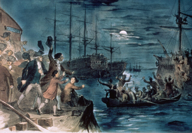 An illustration of the Boston Tea Party.