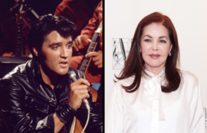 Elvis Presley performing on stage + Priscilla Presley standing on a red carpet