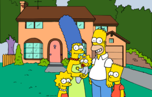 Still of 'The Simpsons' characters standing out front of their house.