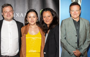 Zak, Zelda and Marsha Williams standing on a red carpet + Robin Williams standing on a red carpet